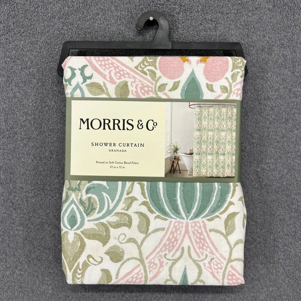 Morris & Co Granada Shower Curtain 72x72 Green Pink Cotton Blend Floral Botanica